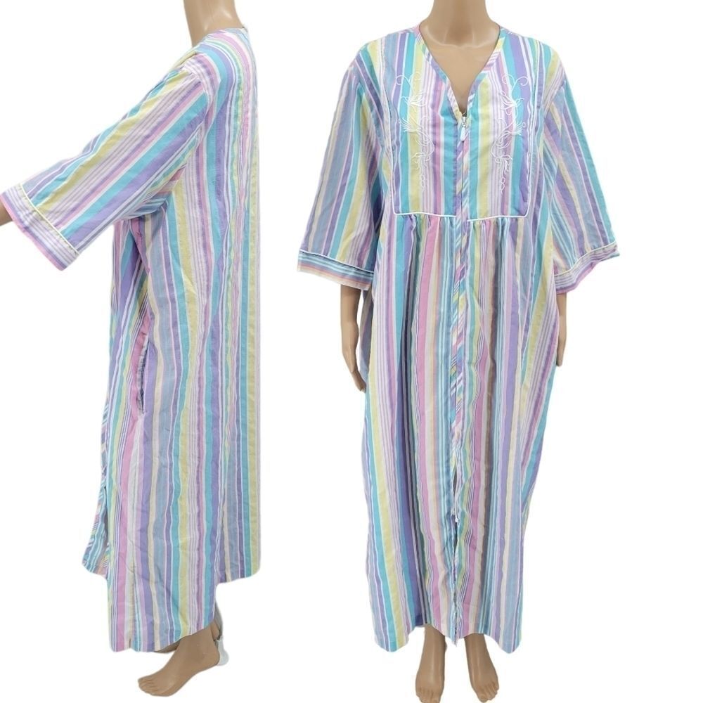 Collections Ect Women's 90s Pastel Stripe Full Zip Nightgown House Dress